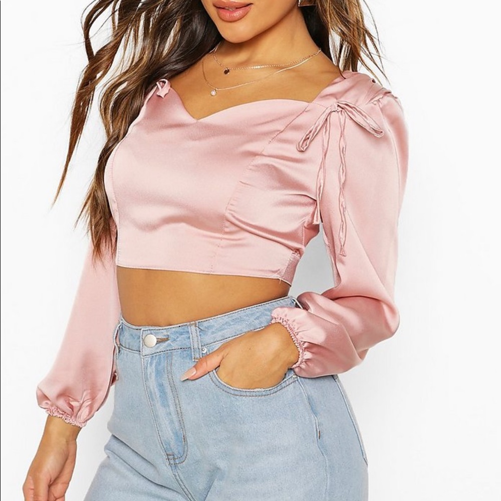 Boohoo tie detail satin crop top